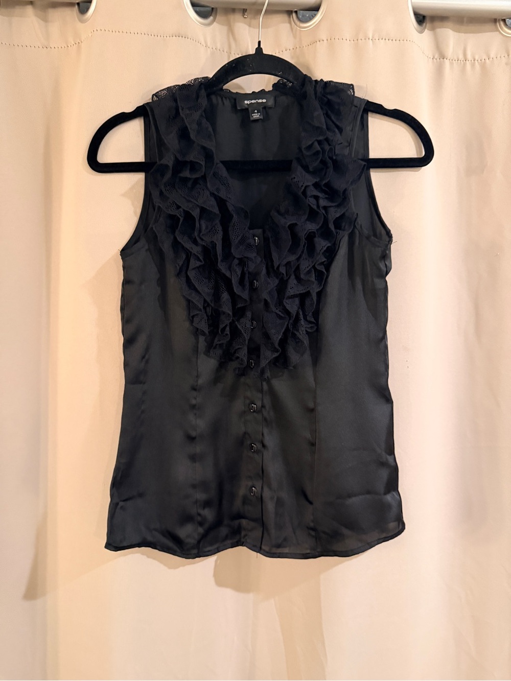 Spense Black Ruffle Satin Sleeveless Blouse